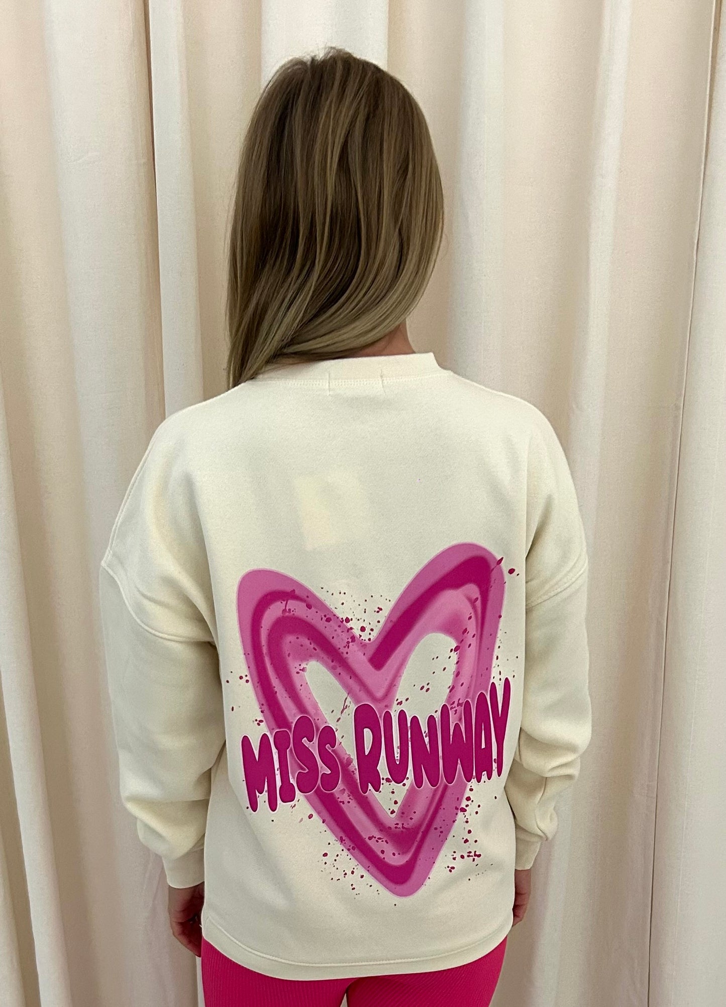 Miss Runway Pink Heart Graffiti Sweatshirt Cream