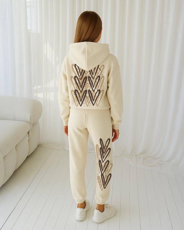 Beige Hearts Printed Hooded Tracksuit Kids