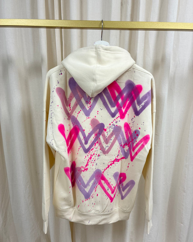 Hot Pink/Purple Heart Spray Painted Cream Hoodie Adults