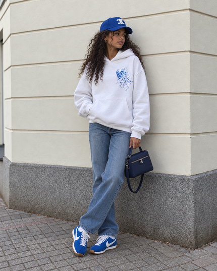 Graffiti White/Royal Blue Heart Hoodie, front view – kids' hoodie by Miss Runway
