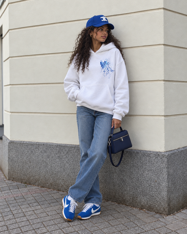 Graffiti White/Royal Blue Heart Hoodie, front view – kids' hoodie by Miss Runway