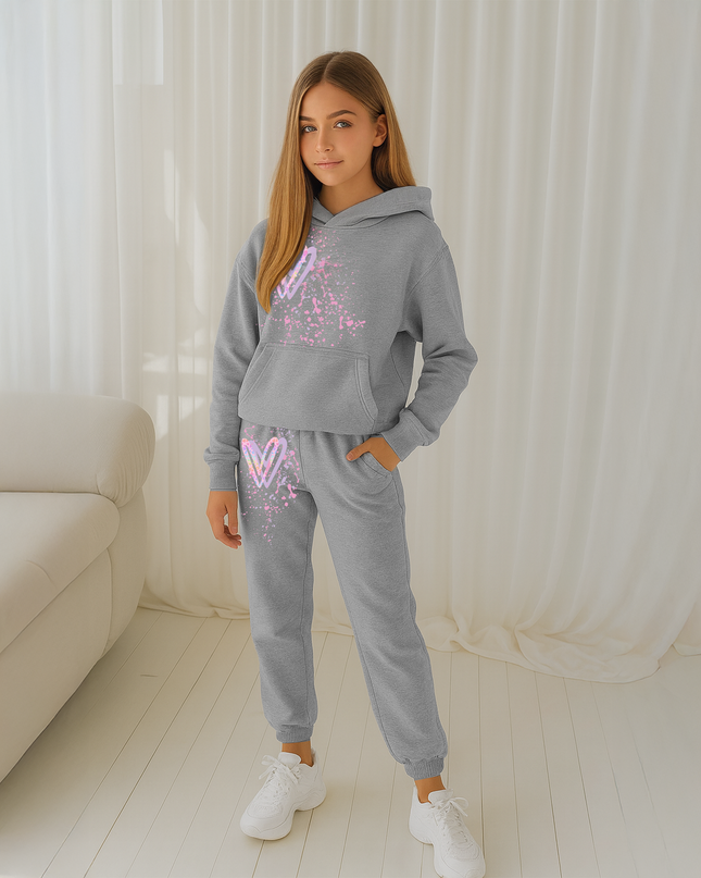 Pastel Leopard Hearts Printed Hooded Tracksuit Kids