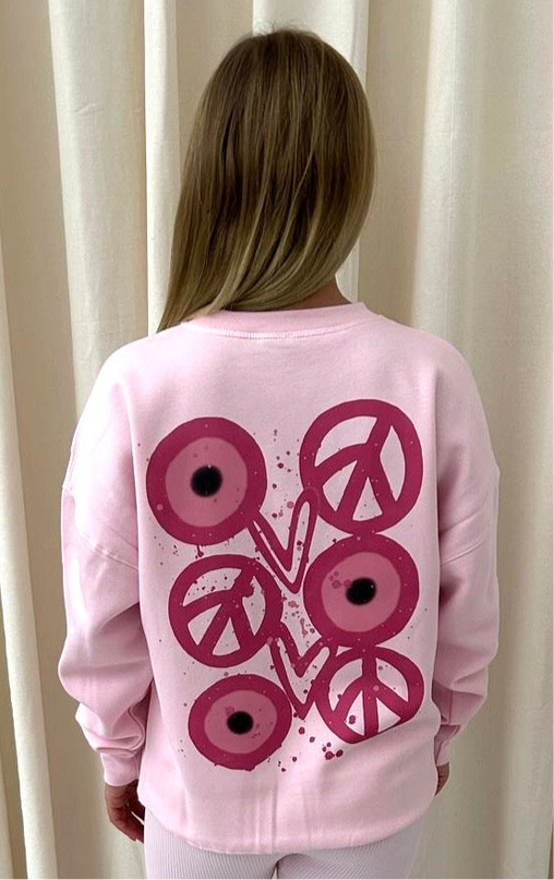 Pink Evil Eye, Peace, Heart Printed Sweatshirt Adults