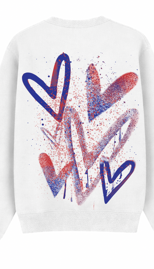 Red/Royal Scatter graffiti heart sweatshirt with spray paint effect print – women's sweatshirt by Miss Runway