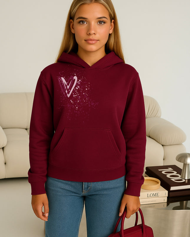 Burgundy Heart Printed Hoodie