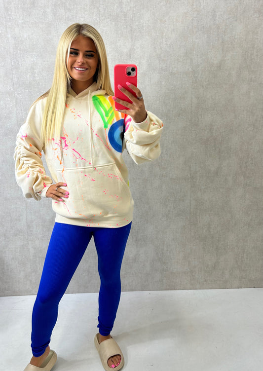 Neon Heart/Evil Eye Sprayed Ruched Hoodie And Royal Blue Legging Set