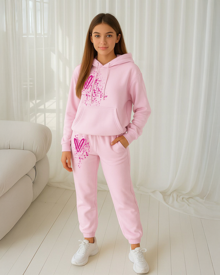 Hot Pink Hearts Printed Hooded Tracksuit Kids