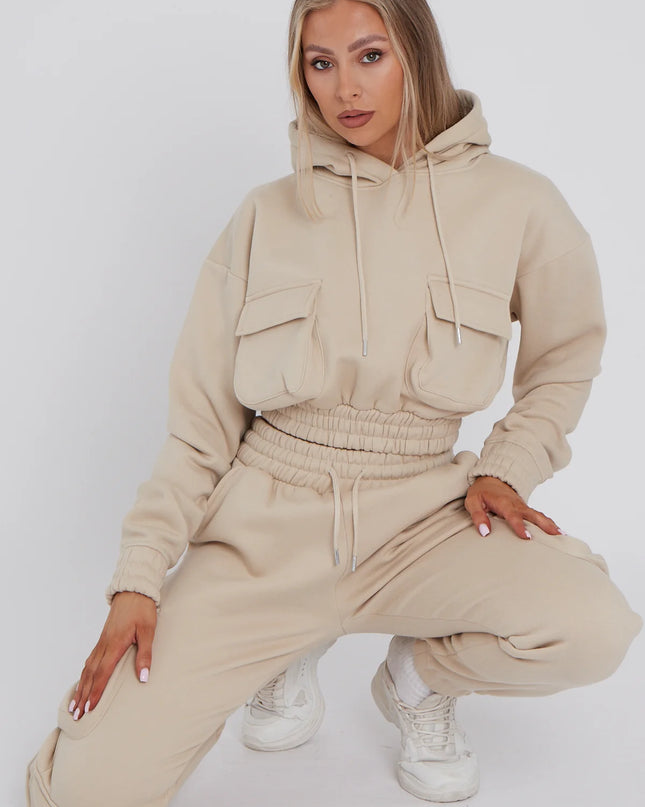 Cargo Pockets Fleece Tracksuit Beige