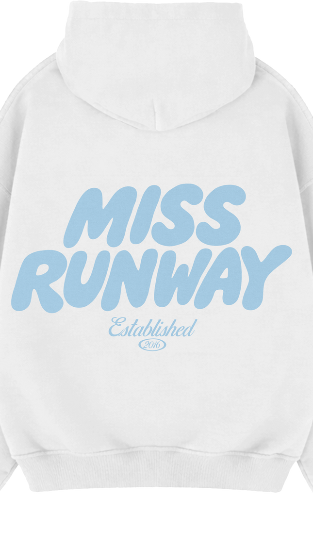 Miss Runway Established Hoodie White/Blue – adult printed hoodie by Miss Runway