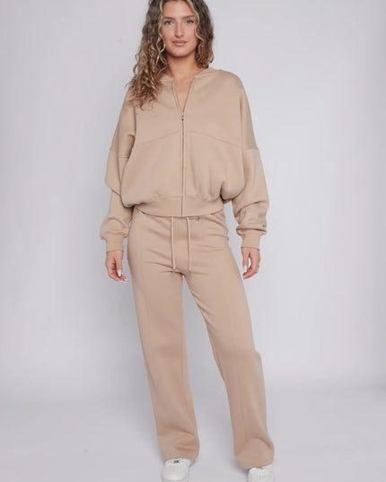 Oversized Bomber Style Fleece Zipper Co-ord Forest Dove Beige
