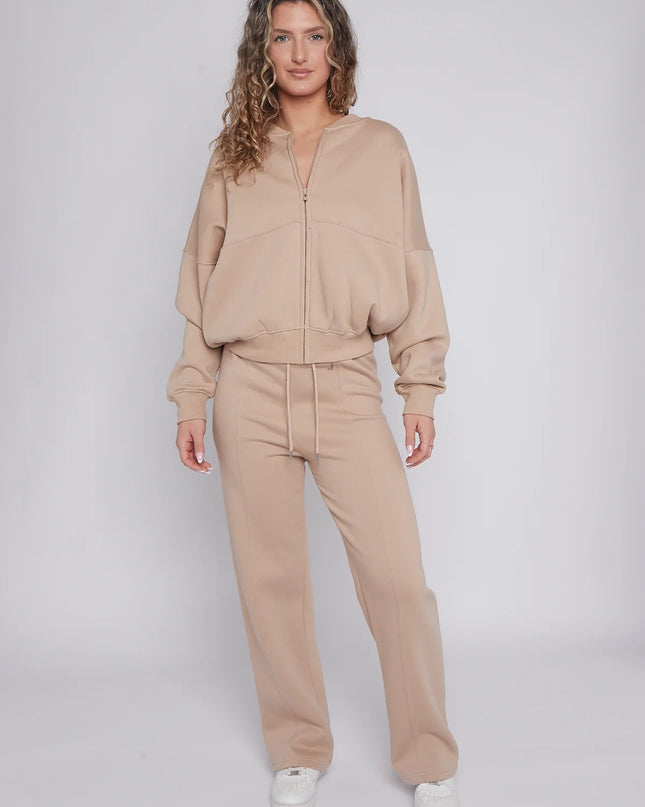 Oversized Bomber Style Fleece Zipper Co-ord Forest Dove Beige