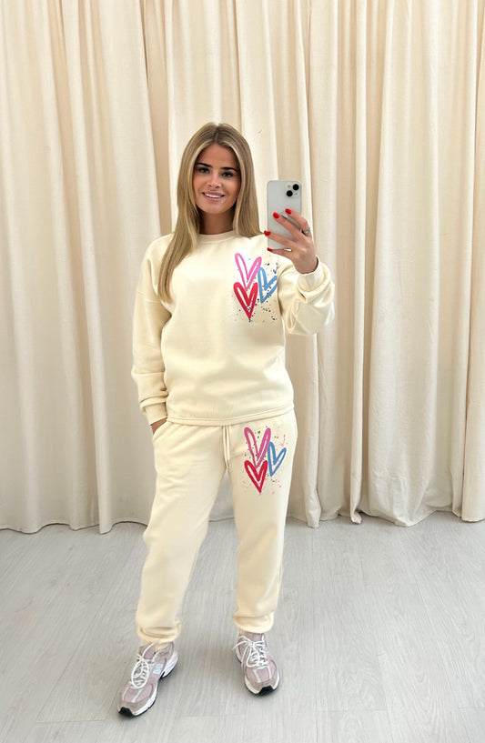 Miss Runway Multicolour Heart Graffiti Sweatshirt Tracksuit Cream