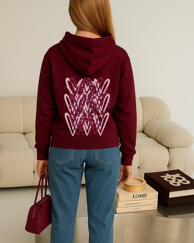 Burgundy Heart Printed Hoodie