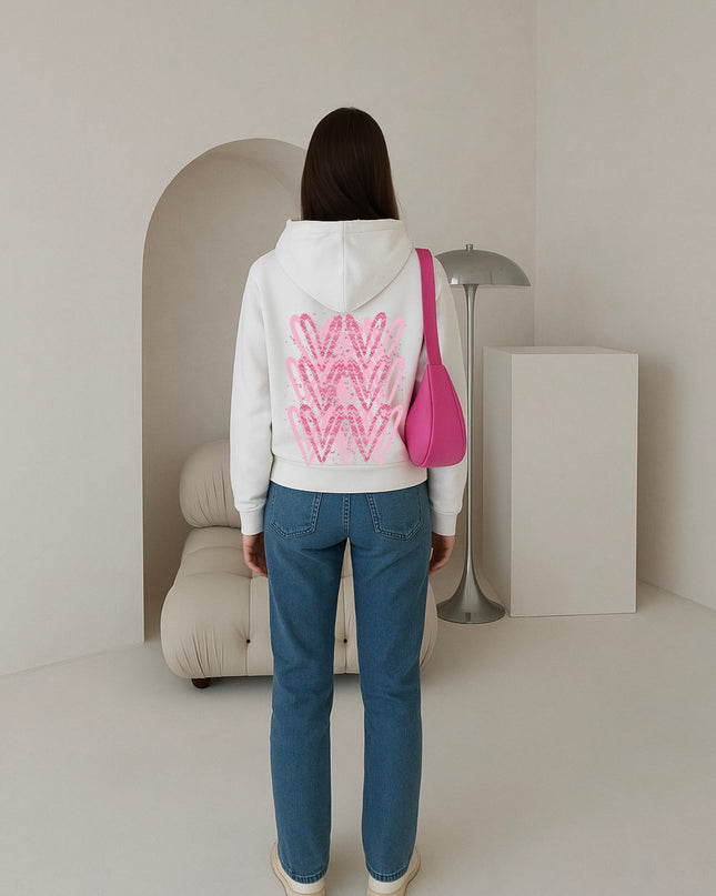 Pink Zig Zag Heart Printed Hoodie
