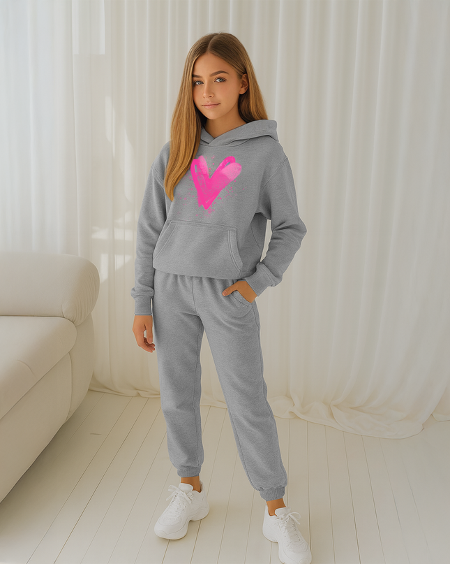 Hot Pink Scattered Hearts Printed Hooded Tracksuit Kids