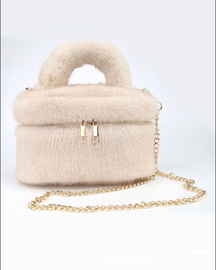 Faux Fur Vanity Bag in Cream – fluffy makeup bag by Miss Runway
