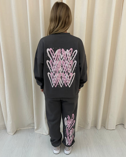 Pink Heart Graffiti Sweatshirt Tracksuit Charcoal Grey