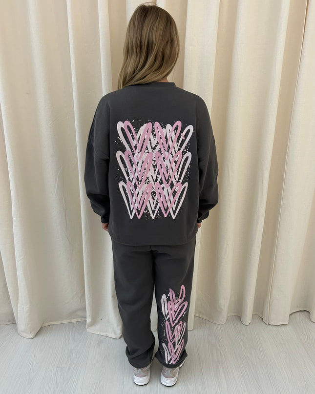 Pink Heart Graffiti Sweatshirt Tracksuit Charcoal Grey