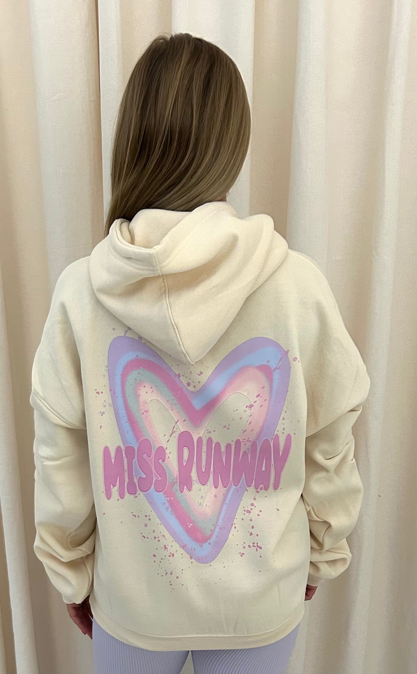 Miss Runway Pastel Heart Graffiti Ruched Hoodie Cream