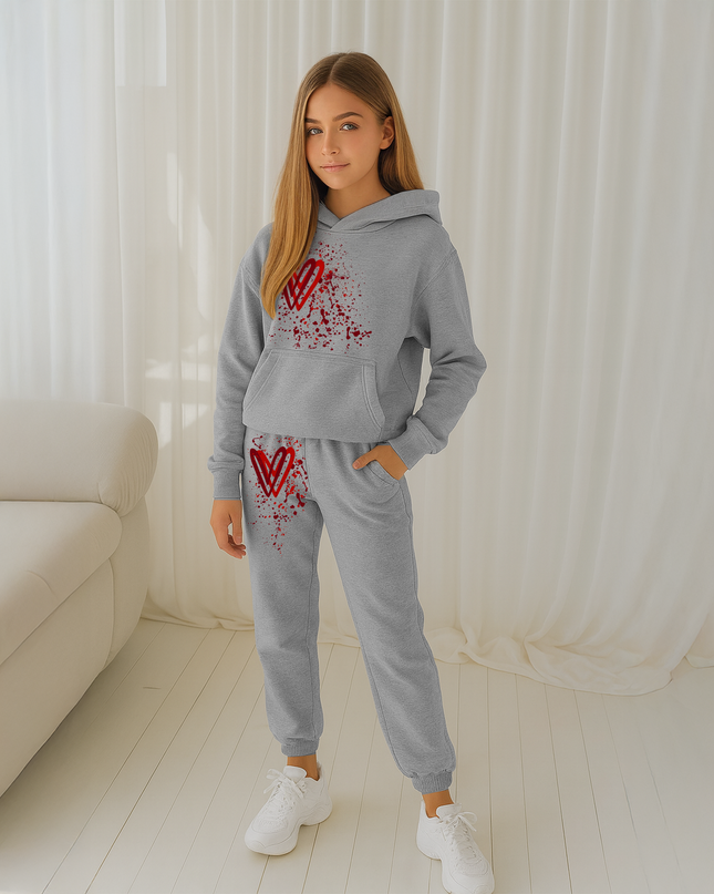 Deep Red Hearts Printed Hooded Tracksuit Kids