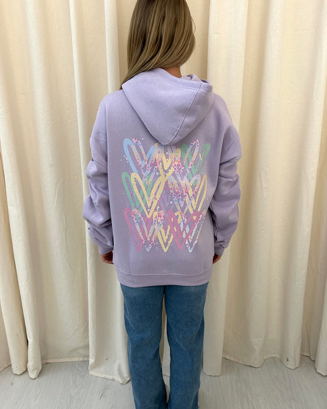 Pastel Leopard Print Heart Graffiti Ruched Hoodie Lilac