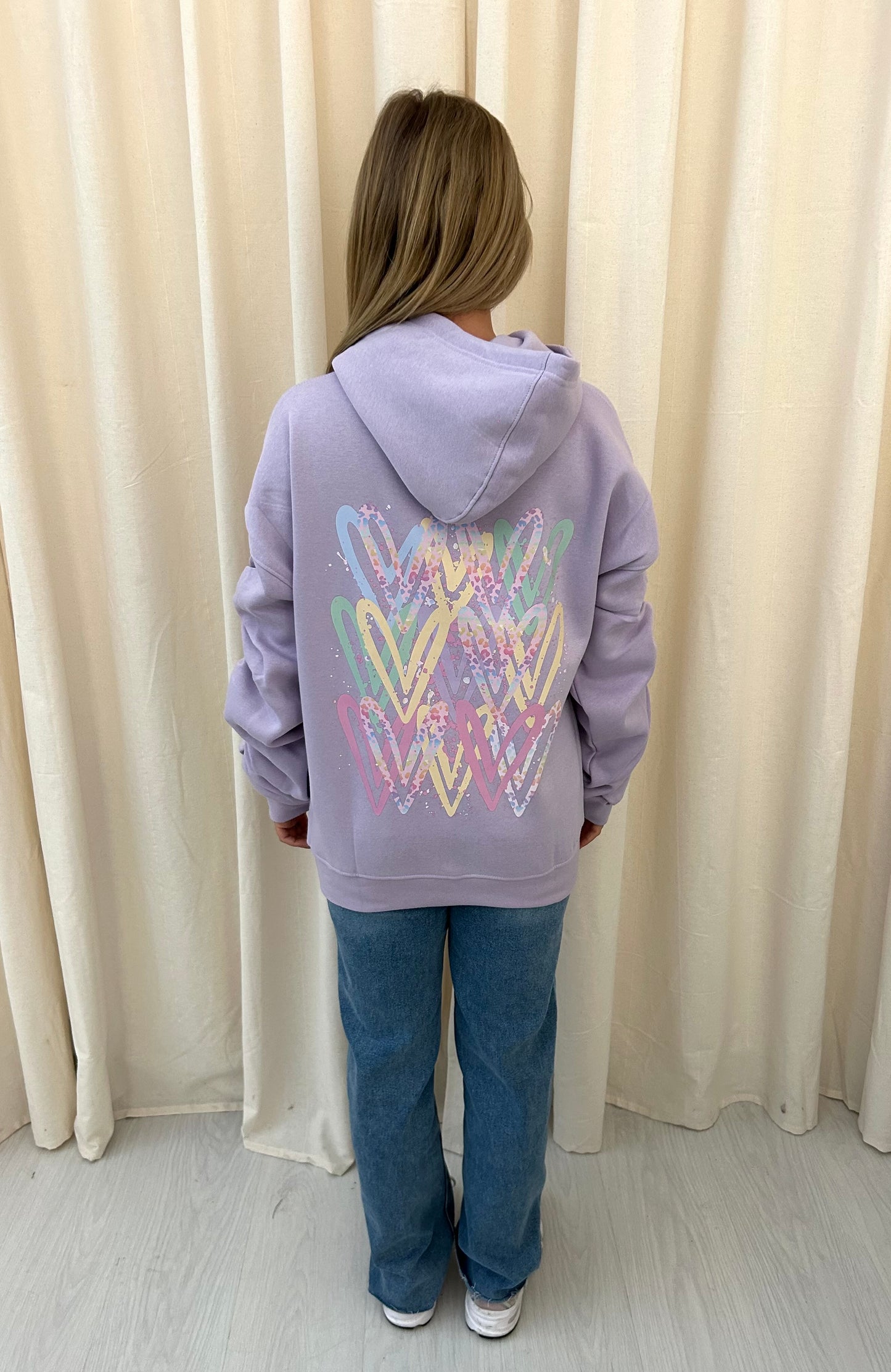 Pastel Leopard Print Heart Graffiti Ruched Hoodie Lilac