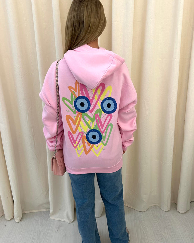 Neon Heart Evil Eye Printed Ruched Hoodie