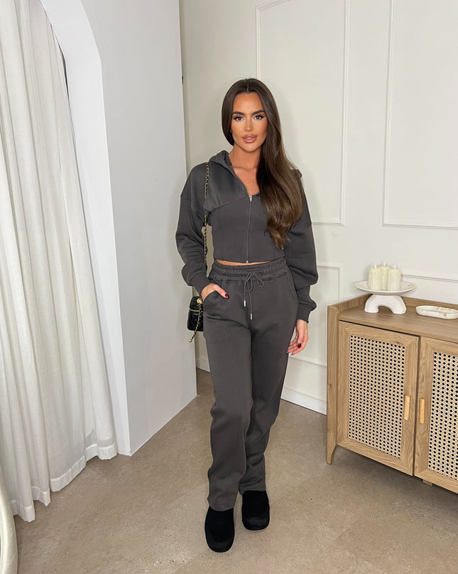 Cropped Zip Up Hood Sweatshirt & Wide Leg Trouser Tracksuit Charcoal