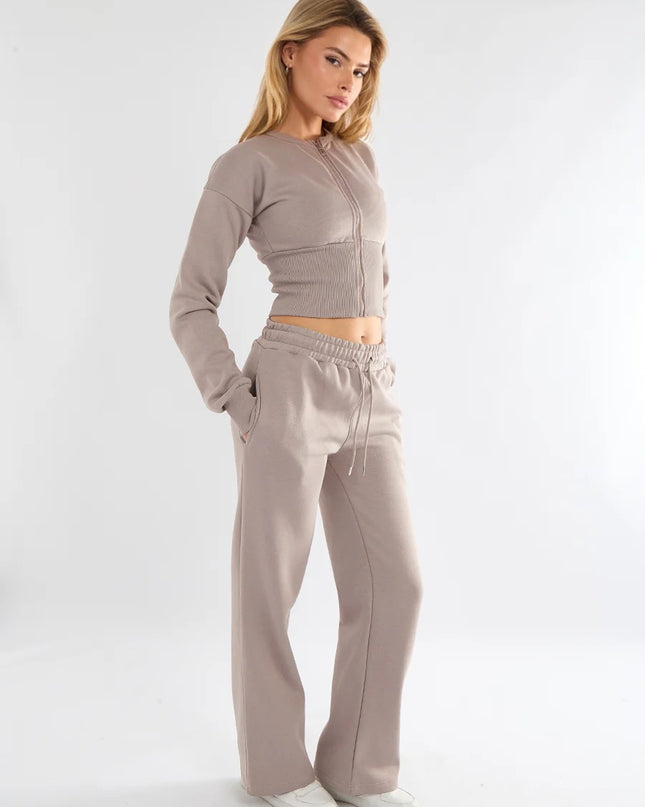 Cropped Zip Up Sweatshirt & Wide Leg Trouser Tracksuit Dove Grey