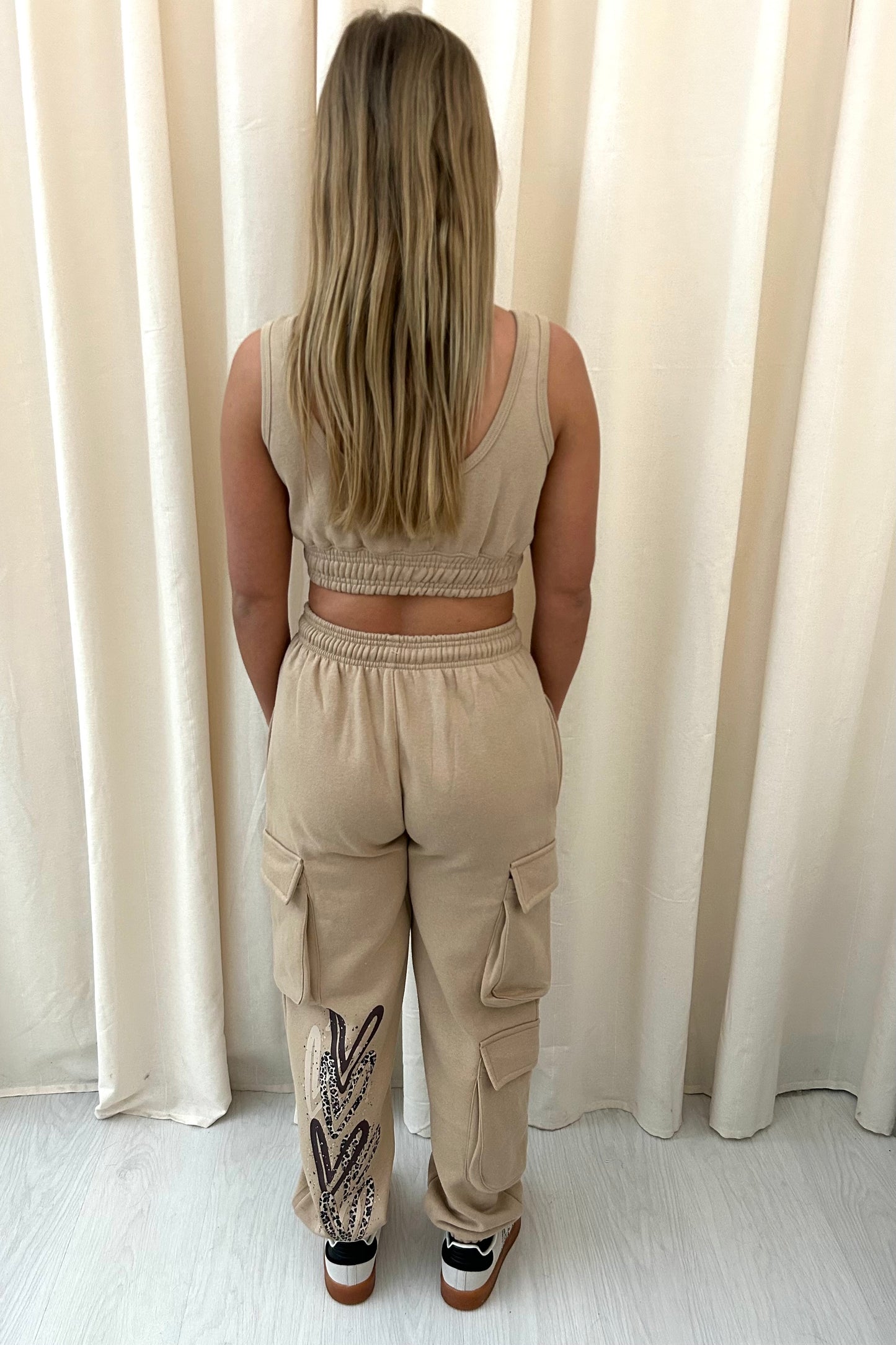 Leopard Print Heart Graffiti Cargo Co ord Beige