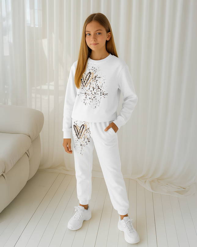 Leopard Print Hearts Printed Sweatshirt Tracksuit Kids