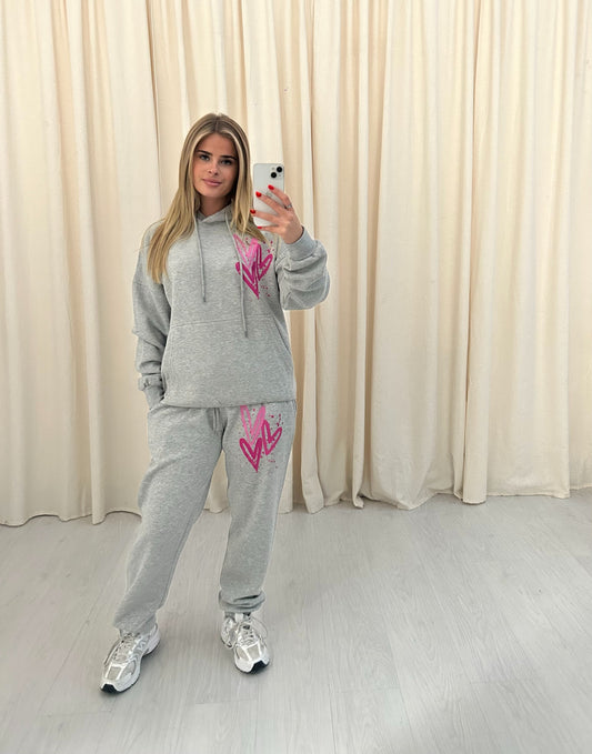 Miss Runway Pink Heart Graffiti Hooded Tracksuit Grey