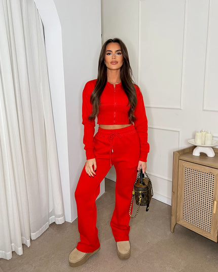 Cropped Zip Up Sweatshirt & Wide Leg Trouser Tracksuit Red