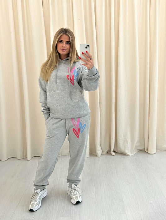 Miss Runway Multicolour Heart Graffiti Hooded Tracksuit Grey