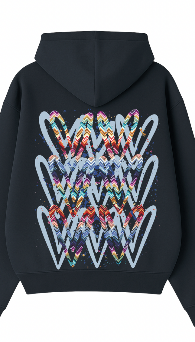 Multicoloured Zig Zag graffiti heart hoodie with spray paint effect print – women's hoodie by Miss Runway