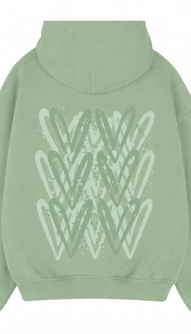 Sage Green graffiti heart hoodie with spray paint effect print – women's hoodie by Miss Runway