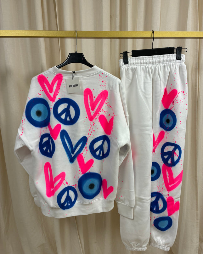 Neon Pink Heart, Peace, Evil Eye Spray Painted Sweatshirt Tracksuit Adult