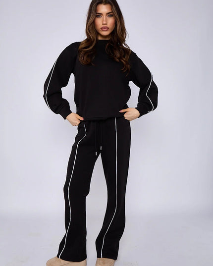 Piping Sweatshirt & Jogger Set Black