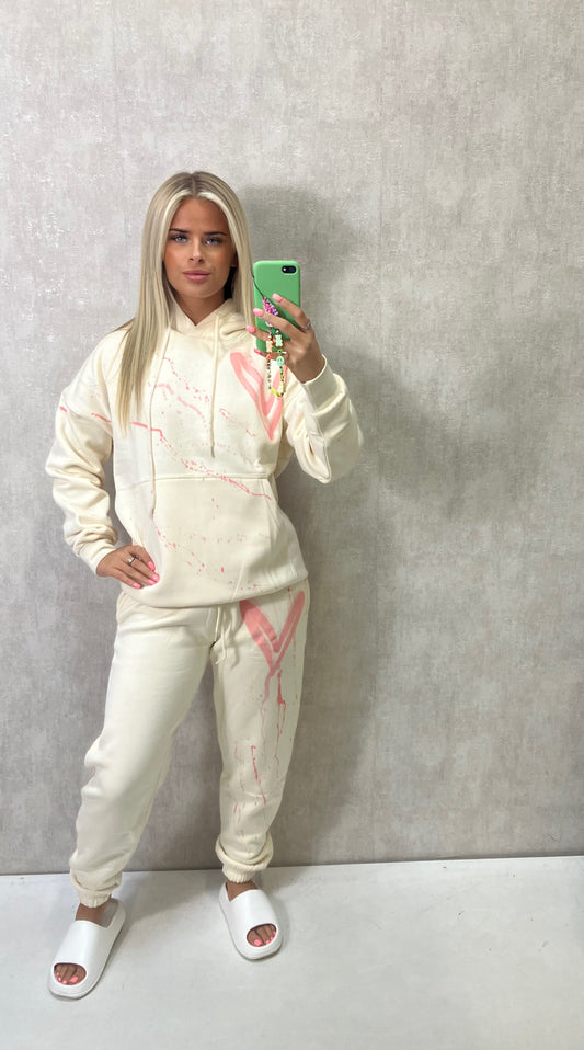 Coral/Pink Heart Sprayed Cream Hooded Tracksuit