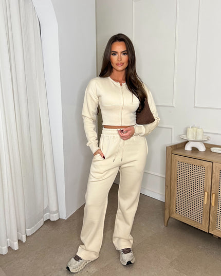 Cropped Zip Up Sweatshirt & Wide Leg Trouser Tracksuit Cream
