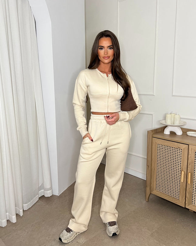 Cropped Zip Up Sweatshirt & Wide Leg Trouser Tracksuit Cream