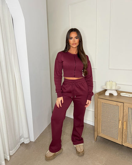Cropped Zip Up Sweatshirt & Wide Leg Trouser Tracksuit Burgundy