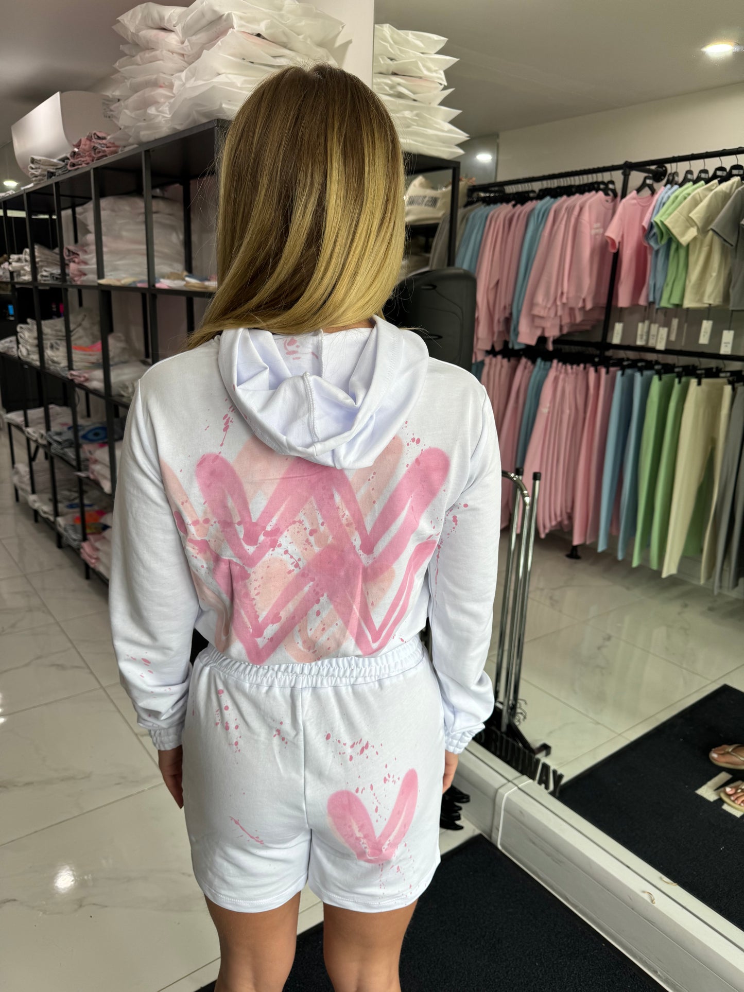 Kids Cropped Hoodie And Shorts Co ord Pink Hearts