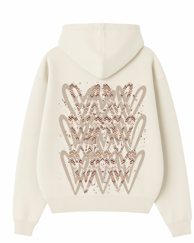 Beige Zig Zag Heart Printed  Hoodie Kids