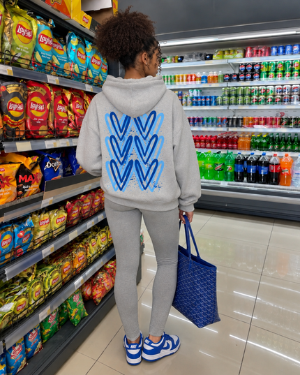 Graffiti Grey/Royal Blue Heart Hoodie, back view with stacked blue hearts – kids' hoodie by Miss Runway