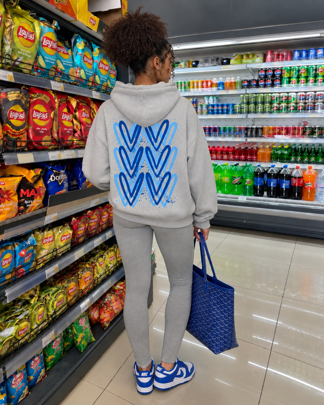 Graffiti Grey/Royal Blue Heart Hoodie, back view with stacked blue hearts – kids' hoodie by Miss Runway