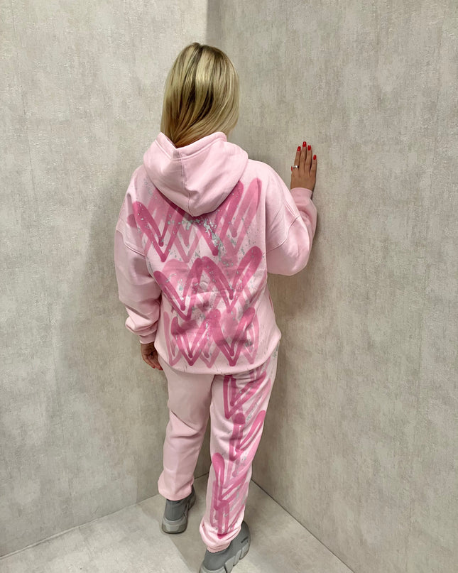 Pink Heart Sprayed Hooded Tracksuit