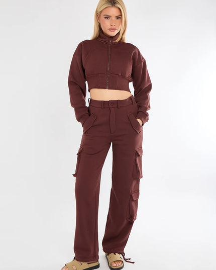 Cropped Zip Up Sweatshirt & Cargo Trouser Tracksuit Brown