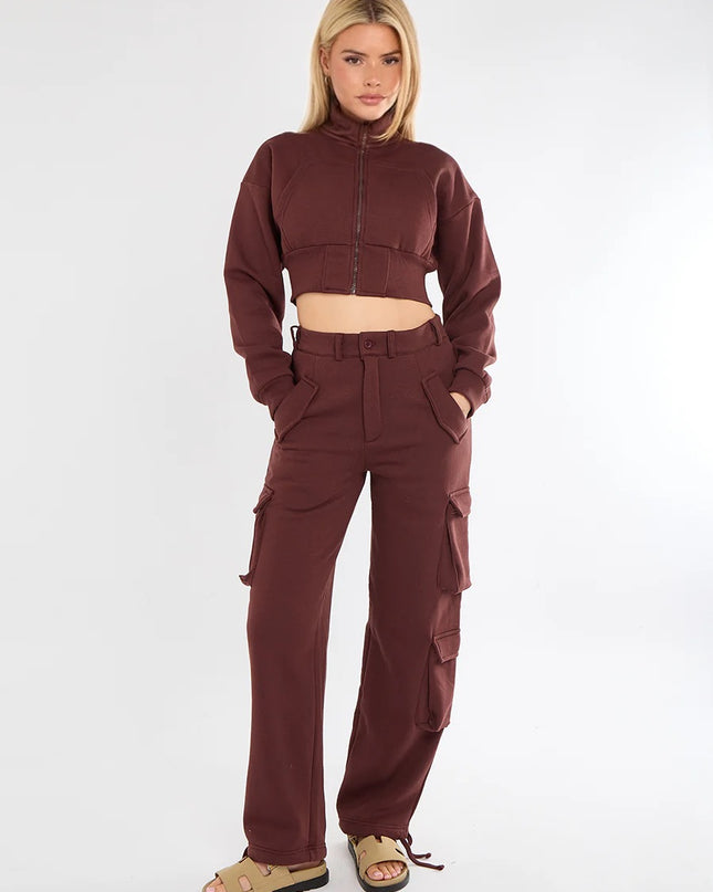 Cropped Zip Up Sweatshirt & Cargo Trouser Tracksuit Brown