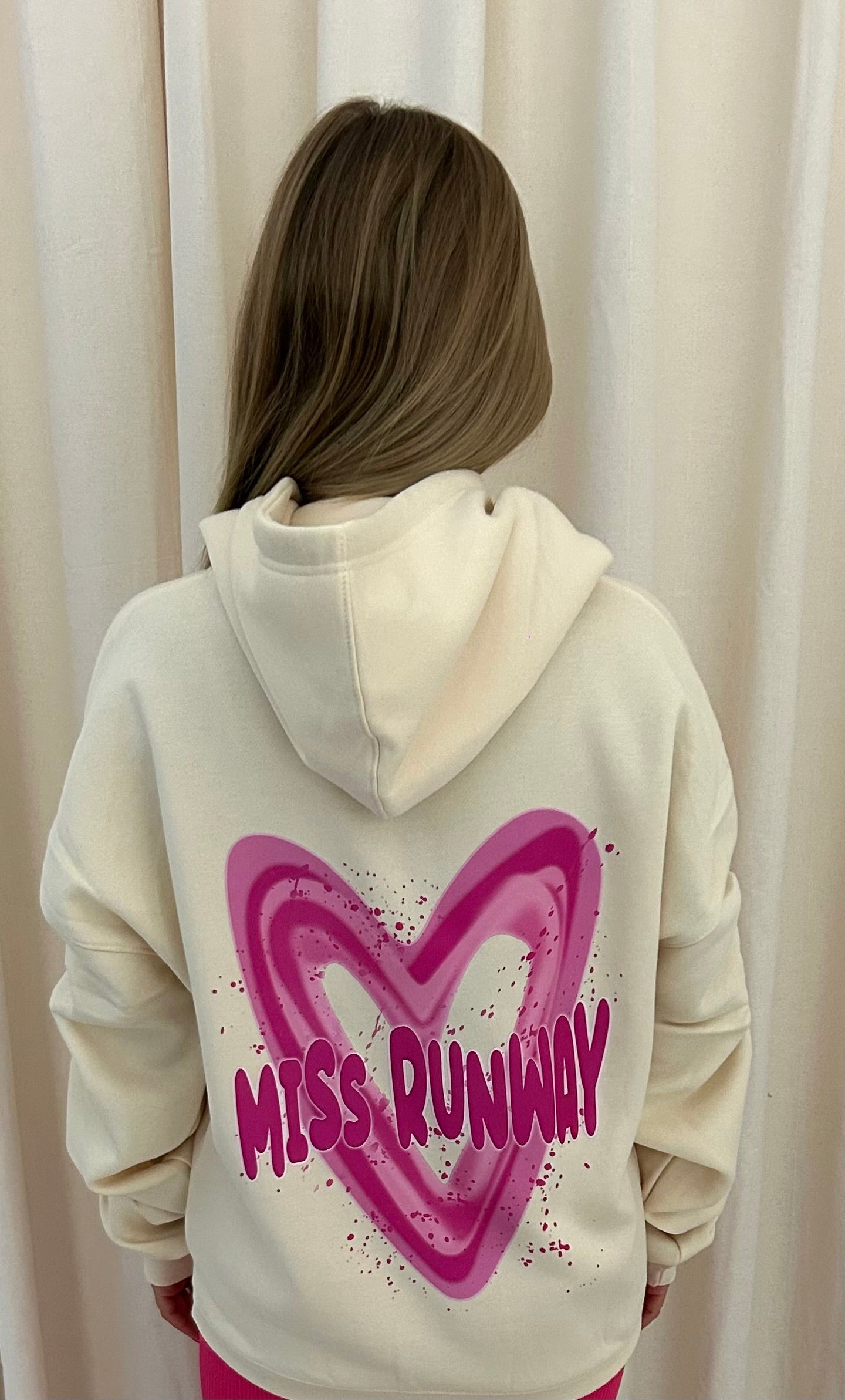 Miss Runway Pink Heart Graffiti Ruched Hoodie Cream